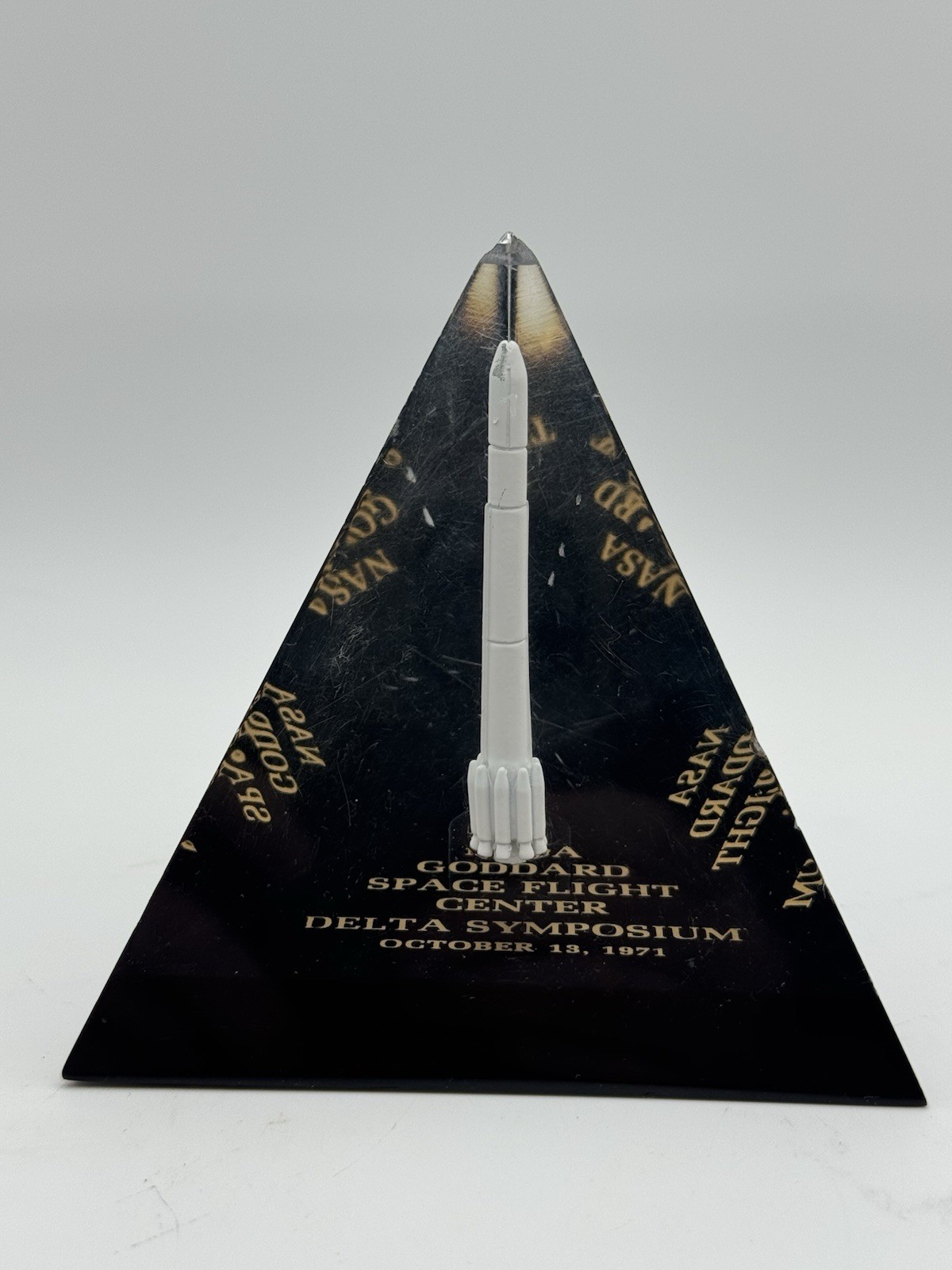 Rare 1971 NASA Goddard Space Flight Delta Rocket Desk Award Paperweight FLAWED Rare 1971 NASA Goddard Space Flight Delta Rocket Desk Award Paperweight FLAWED