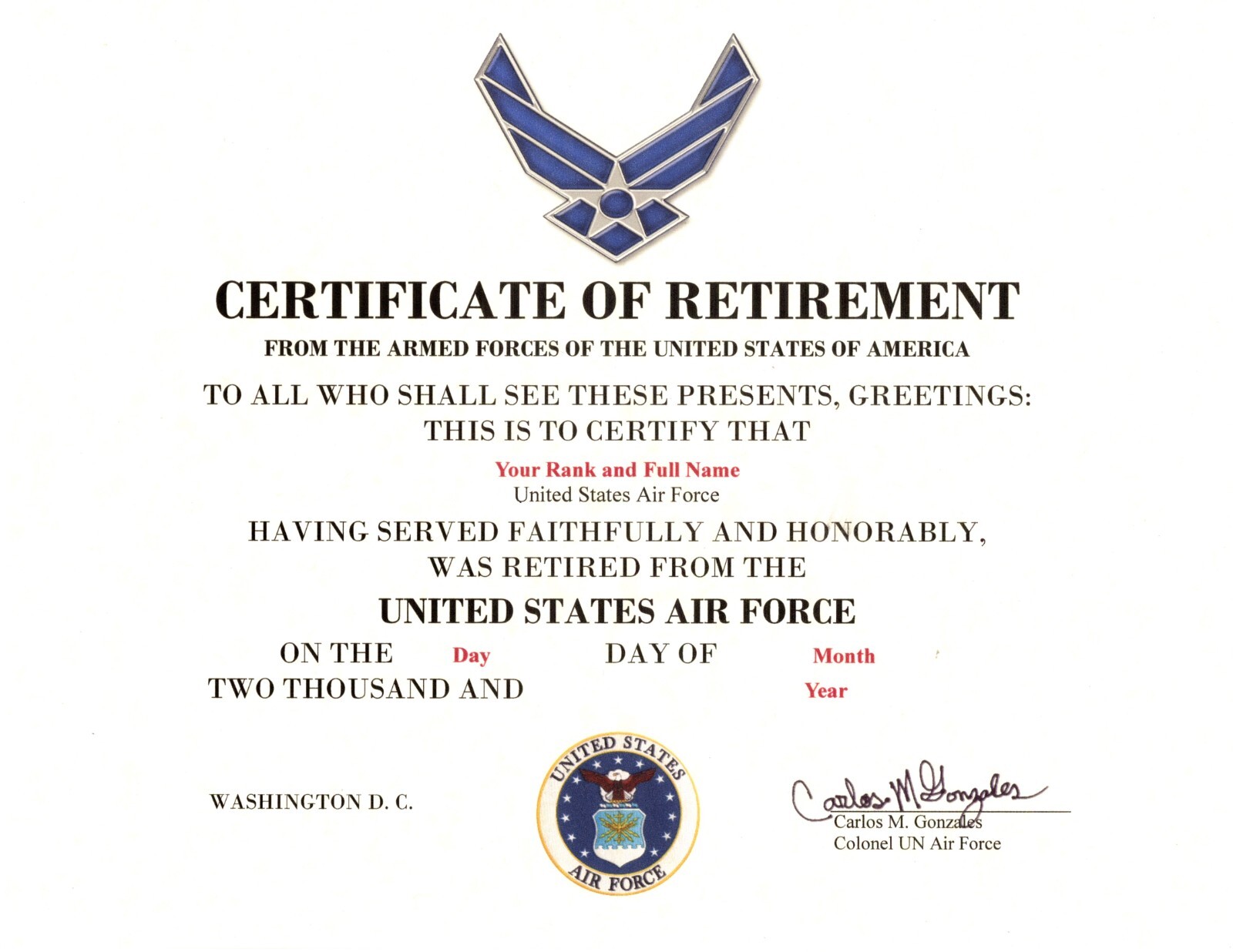 United States Air Force Retirement replacement certificate United States Air Force Retirement replacement certificate