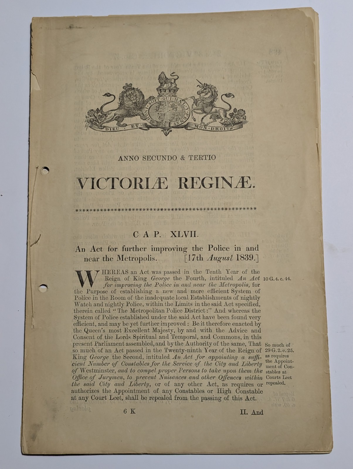 1839 Metropolitan Police Act Original Victorian Printing Queen Victoria Complete
