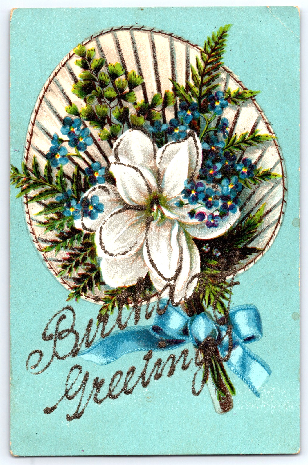 Antique Vintage Postcard Birthday Greetings Flowers Fan Blue Bow Glitter 1907