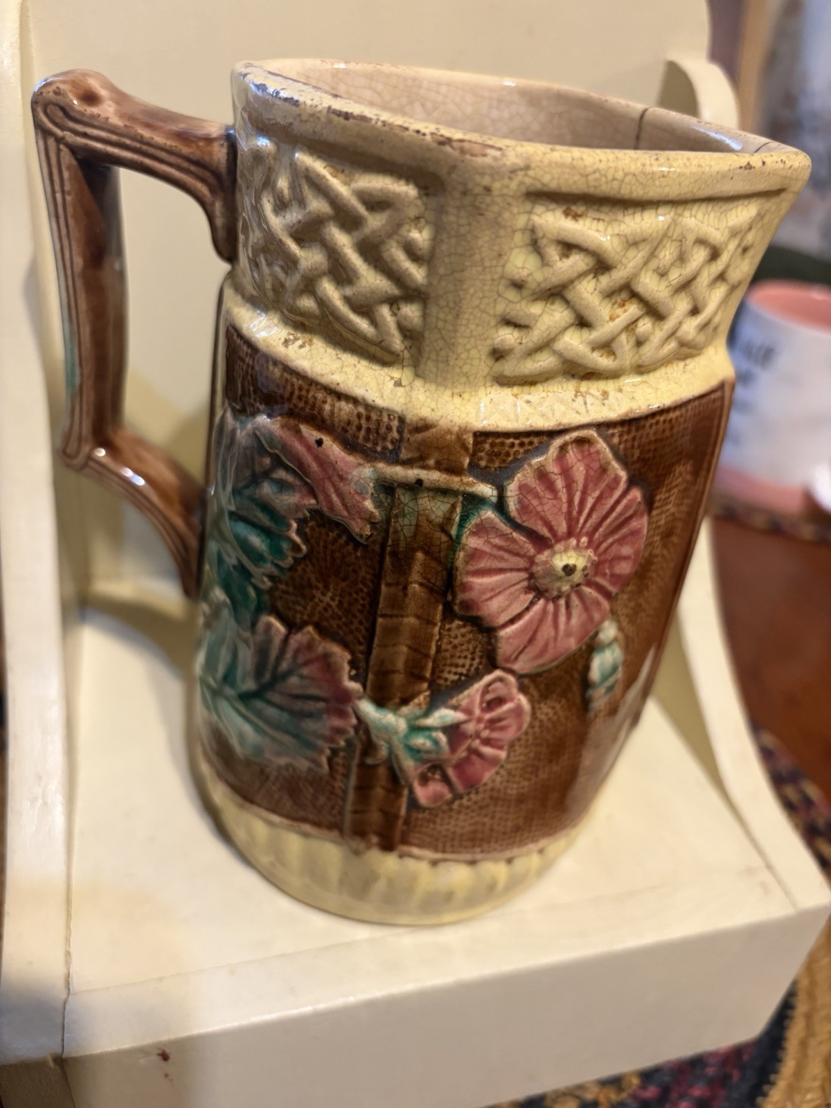 RARE Antique Majolica Pitcher English FOUR SIDED SQUARE TOP Round Bottom Floral- RARE Antique Majolica Pitcher English FOUR SIDED SQUARE TOP Round Bottom Floral-