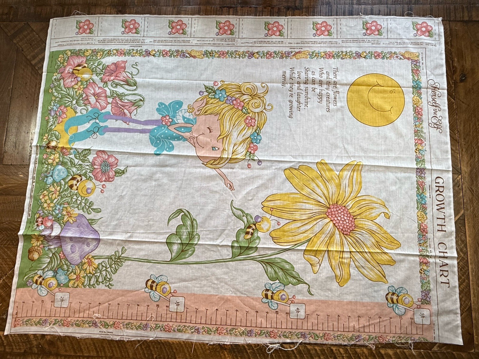 Vintage Herself the Elf Fabric Growth Chart Flower Bees Wall Hanging Panel READ Vintage Herself the Elf Fabric Growth Chart Flower Bees Wall Hanging Panel READ