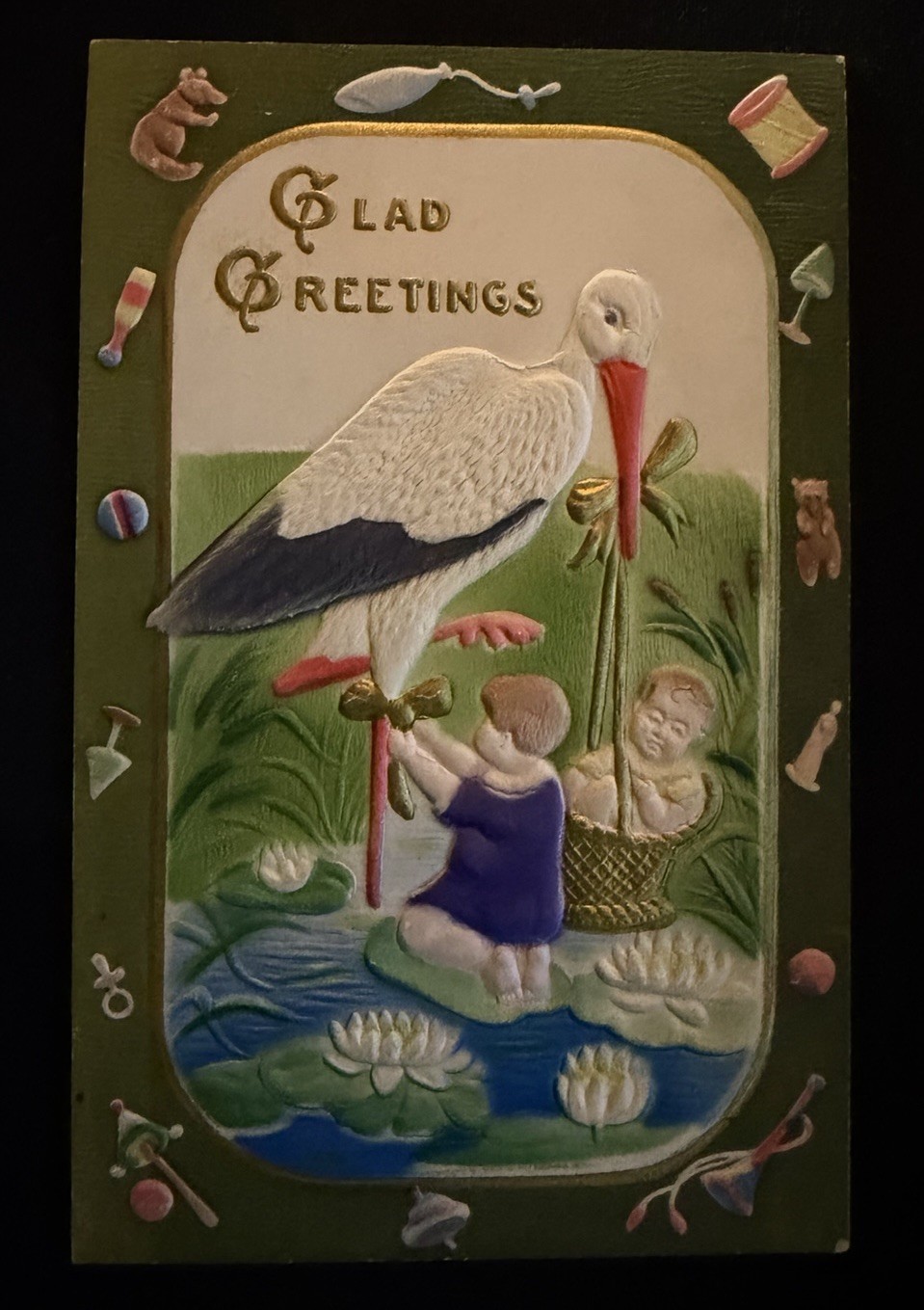 Stork with Babies~Toy Border ~Antique Airbrushed Greeting Postcard~s669