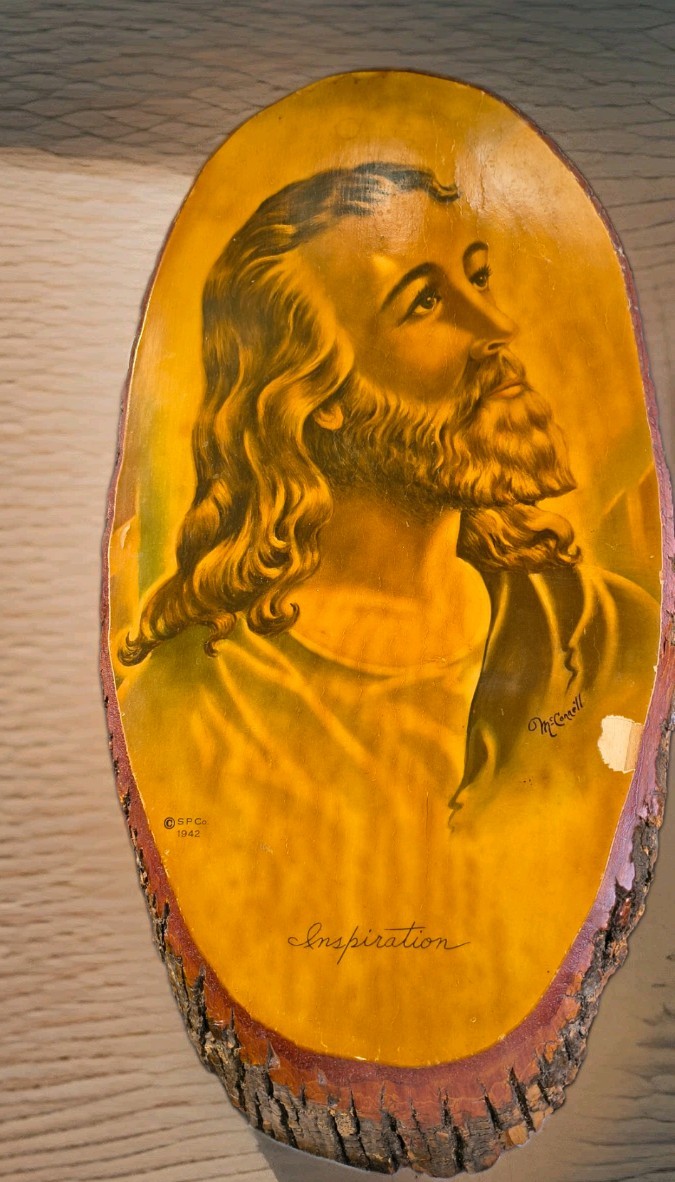 Vintage Decoupage. Jesus 1942 Lithograph on 17” x 9” Thick Wood Slice. 1942 Vintage Decoupage. Jesus 1942 Lithograph on 17” x 9” Thick Wood Slice. 1942