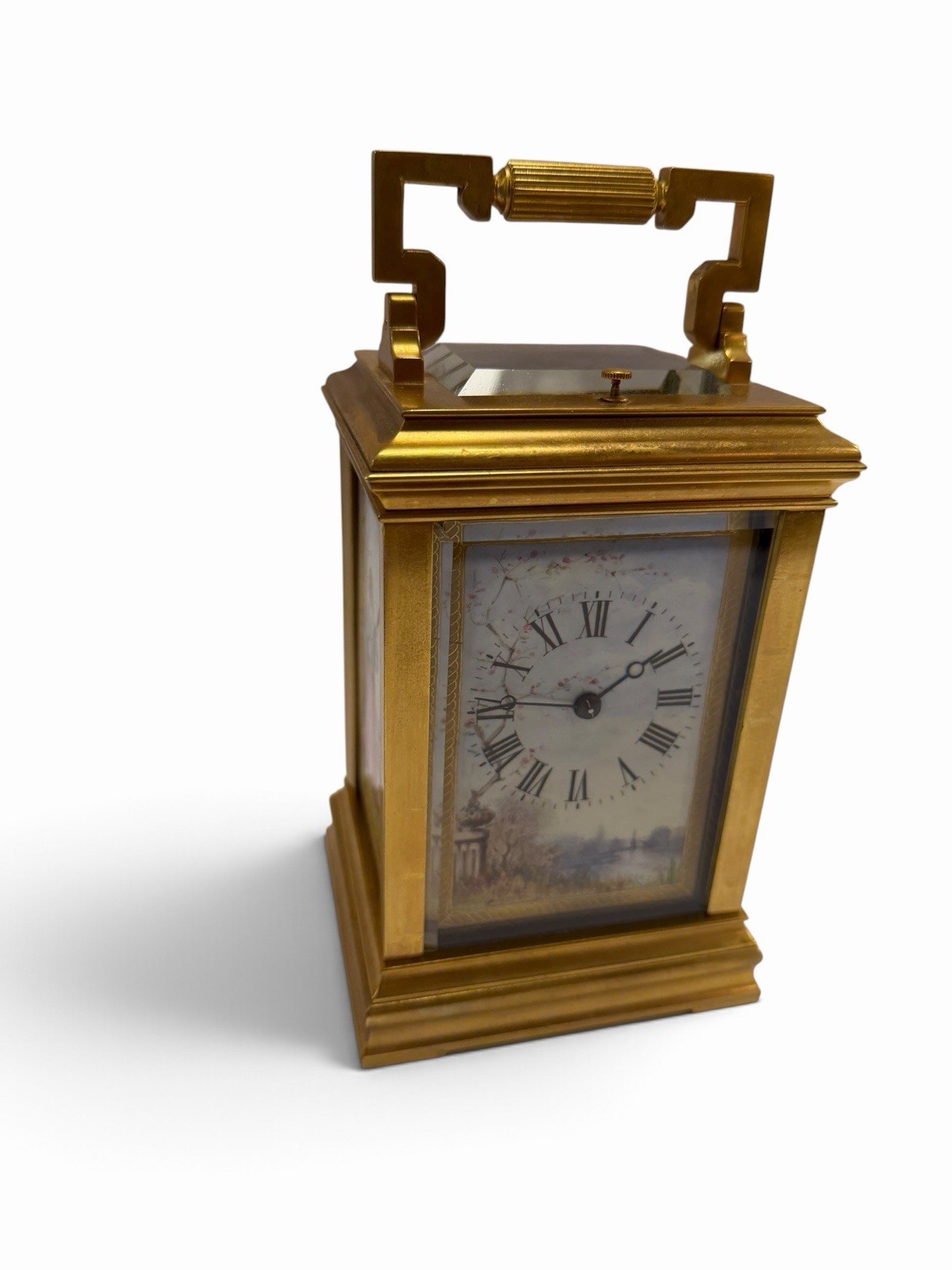 19th Century Antique French Gilt Brass Hand Painted Carriage Repeater Clock 19th Century Antique French Gilt Brass Hand Painted Carriage Repeater Clock