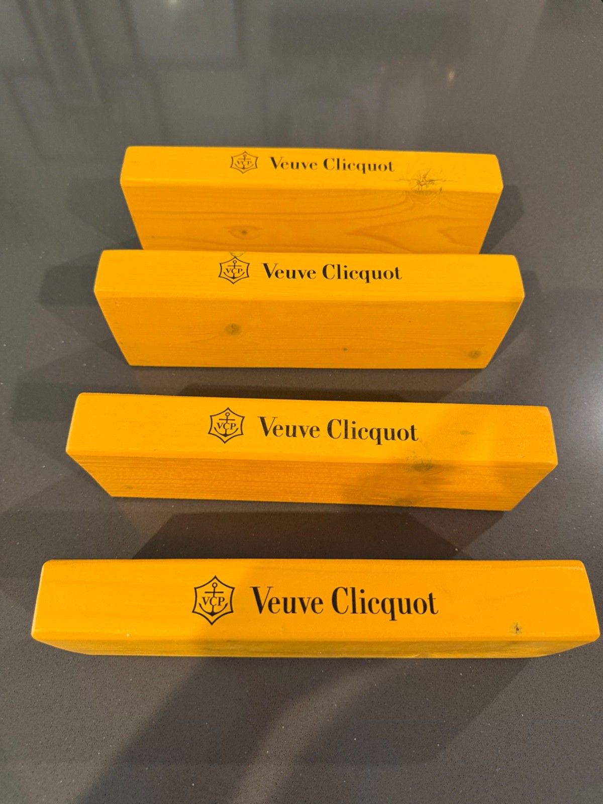 Lot Of 4 Veuve Clicquot Champagne Logo Wooden Blocks Bright Yellow 10.5” X 3.5”