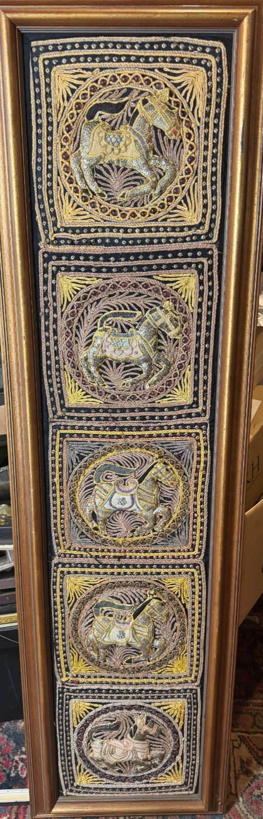 Huge Vintage Burmese Embroidered And Beaded Kalaga With 5 Horse Panels - Framed Huge Vintage Burmese Embroidered And Beaded Kalaga With 5 Horse Panels - Framed