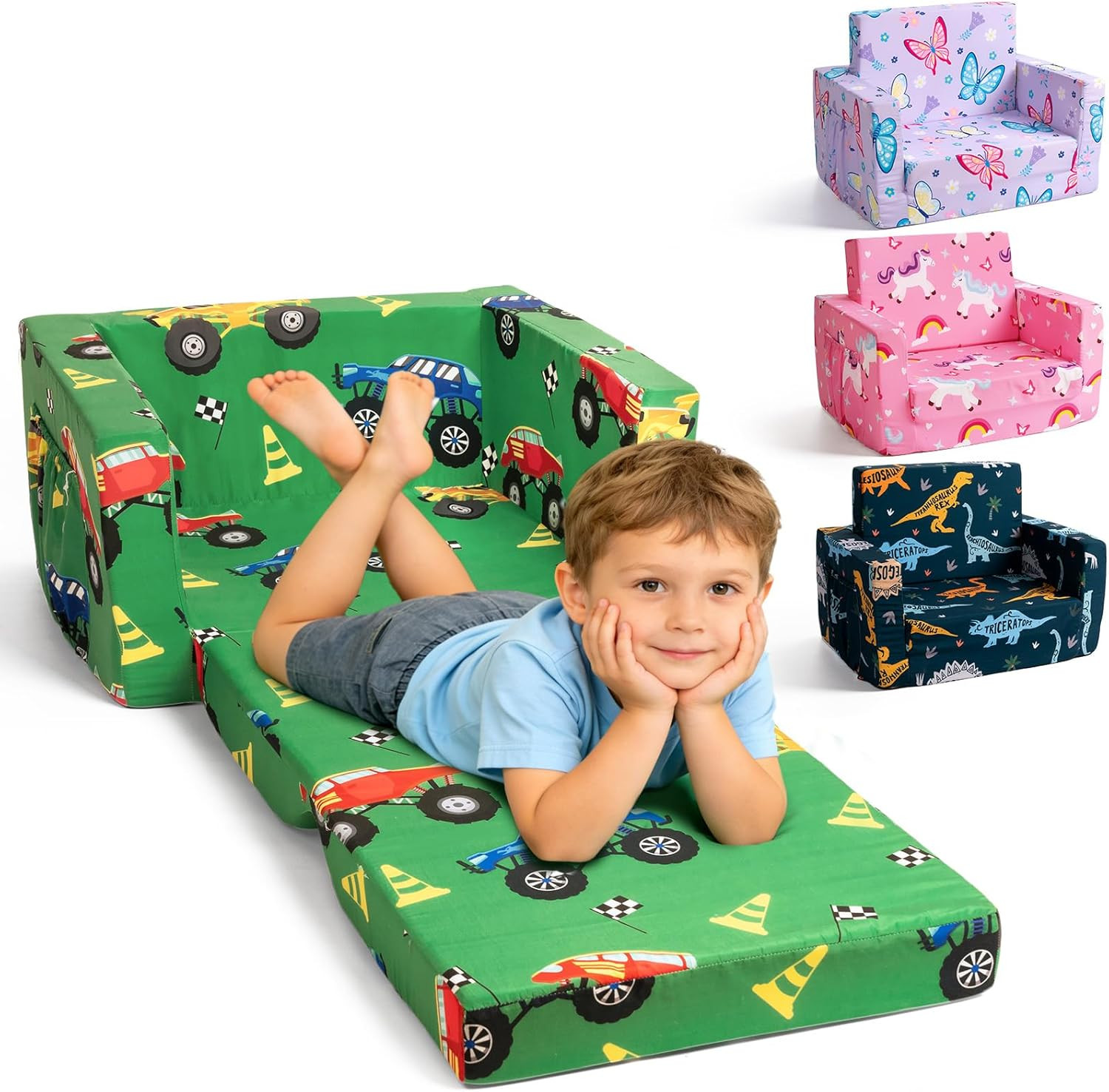 Toddler Couch, 2-In-1 Foldable Kids Comfy Chair & Lounger, Monster Truck
