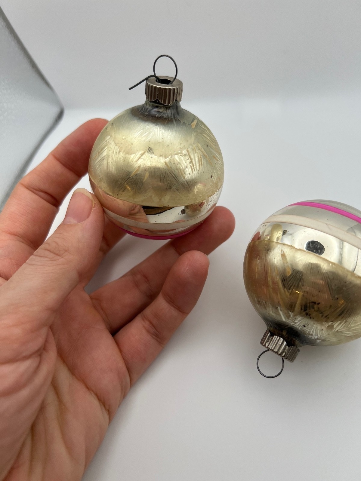 Vintage Striped Shiny Brite Mercury Glass Striped Balls Set of 2 Gold Pink USA Vintage Striped Shiny Brite Mercury Glass Striped Balls Set of 2 Gold Pink USA