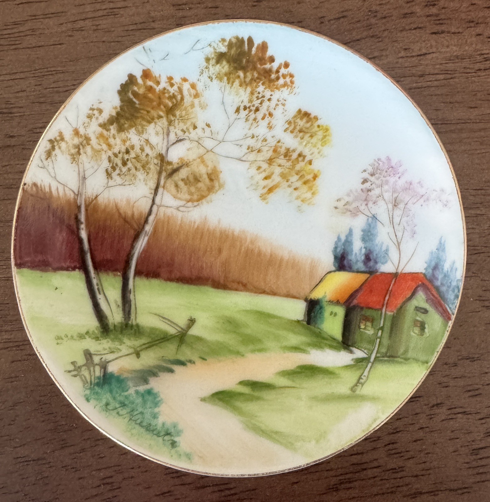 Vintage Japanese Hand Painted Miniature Plate Landscape Gold Vintage Japanese Hand Painted Miniature Plate Landscape Gold