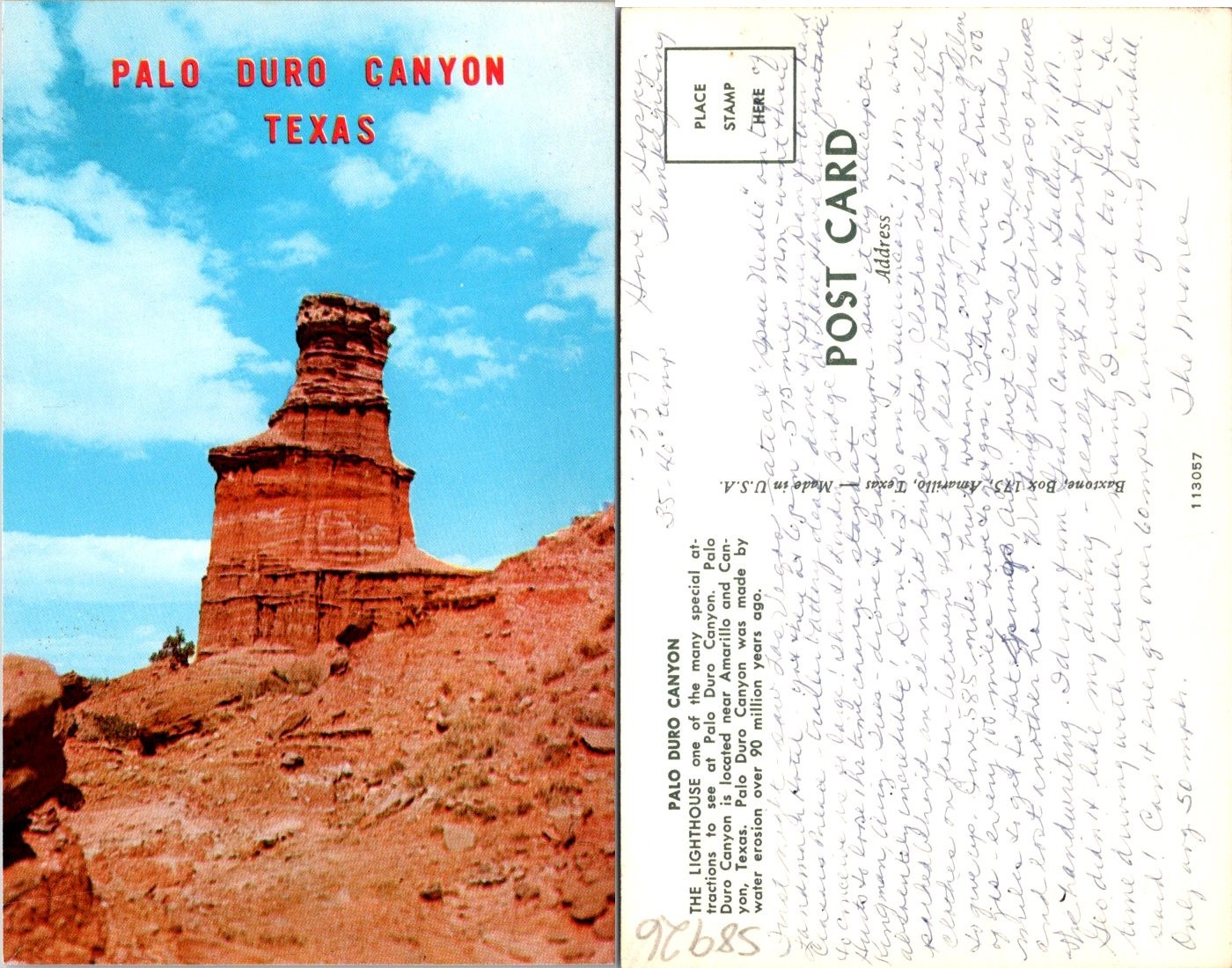 TX View Of Palo Duro Canyon Lighthouse Attraction Amarillo Postcard 58926