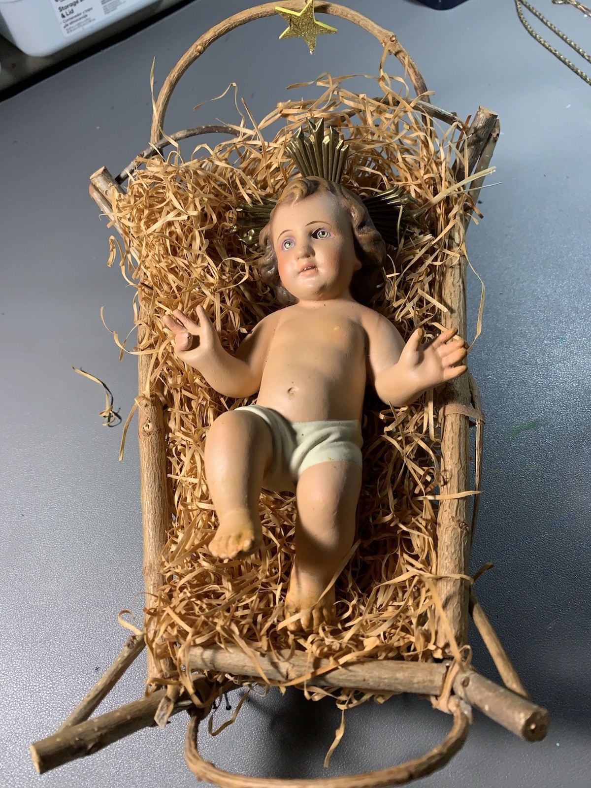 Glorious Baby Jesus in Manger, Made In Spain, Blessed Straw, Glass eyes