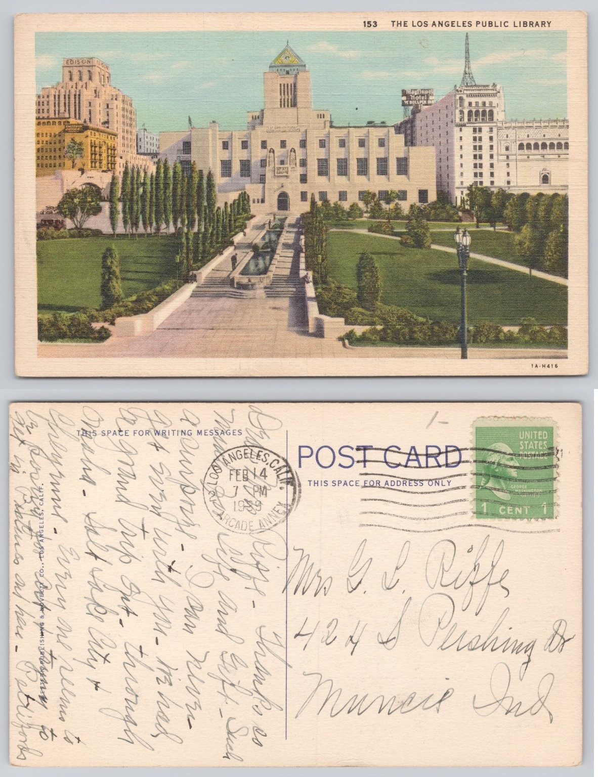 Vintage 1939 Los Angeles Public Library Linen Postcard - California Landmark