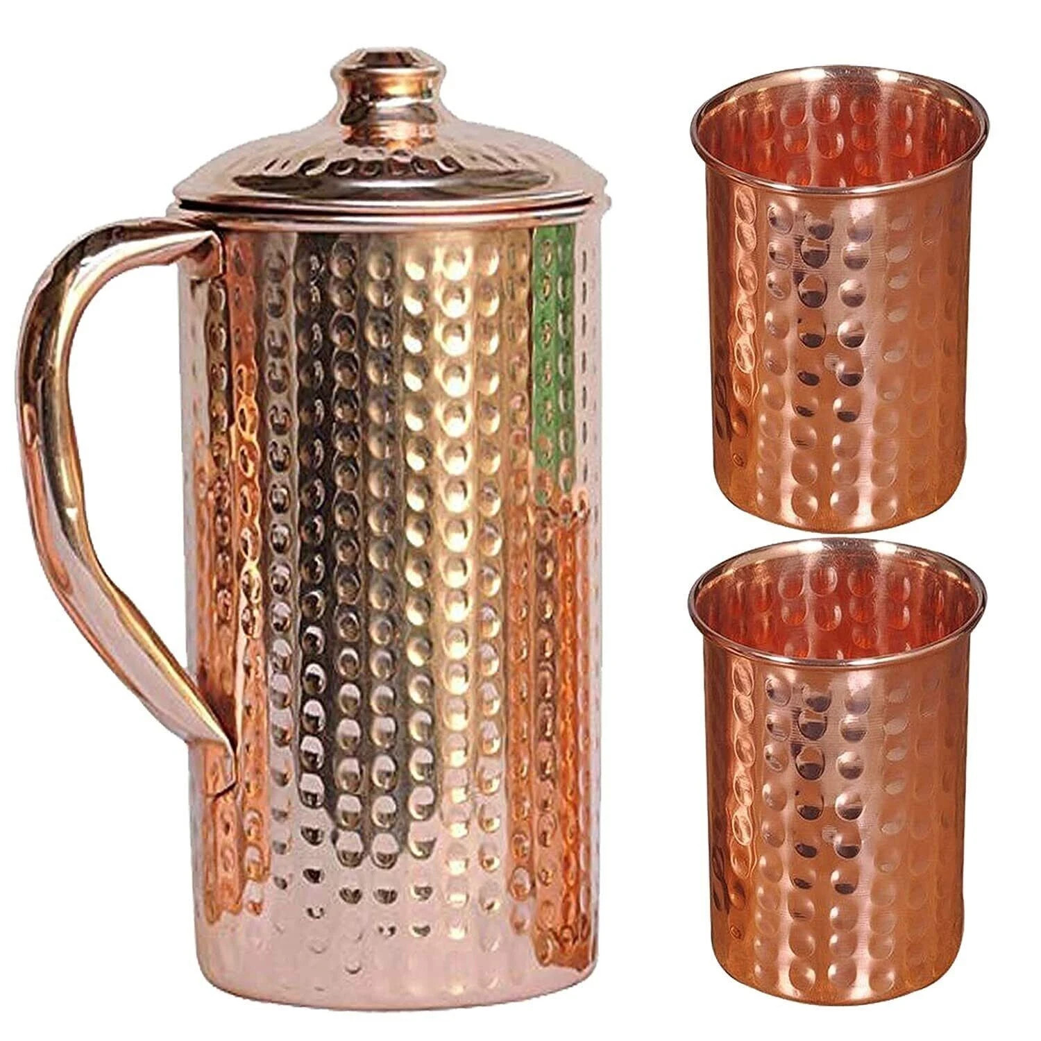 100%Pure Copper Hammered Water Jug Pitcher Pot With 2 Glass For Health Benefits