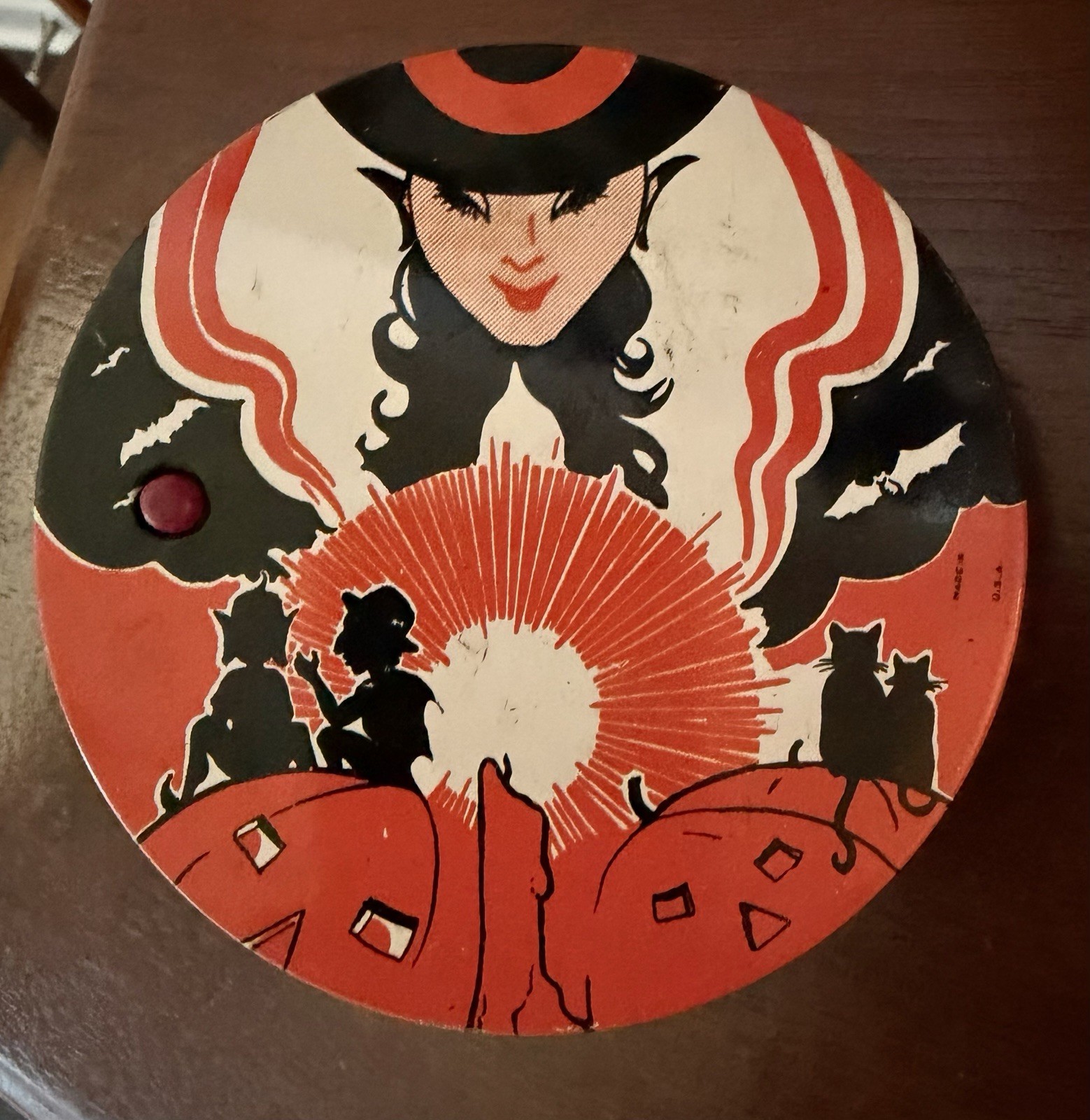 Vintage Halloween Tin & Wood Art Deco Witch Pumpkins Black Cats Noisemaker Vintage Halloween Tin & Wood Art Deco Witch Pumpkins Black Cats Noisemaker