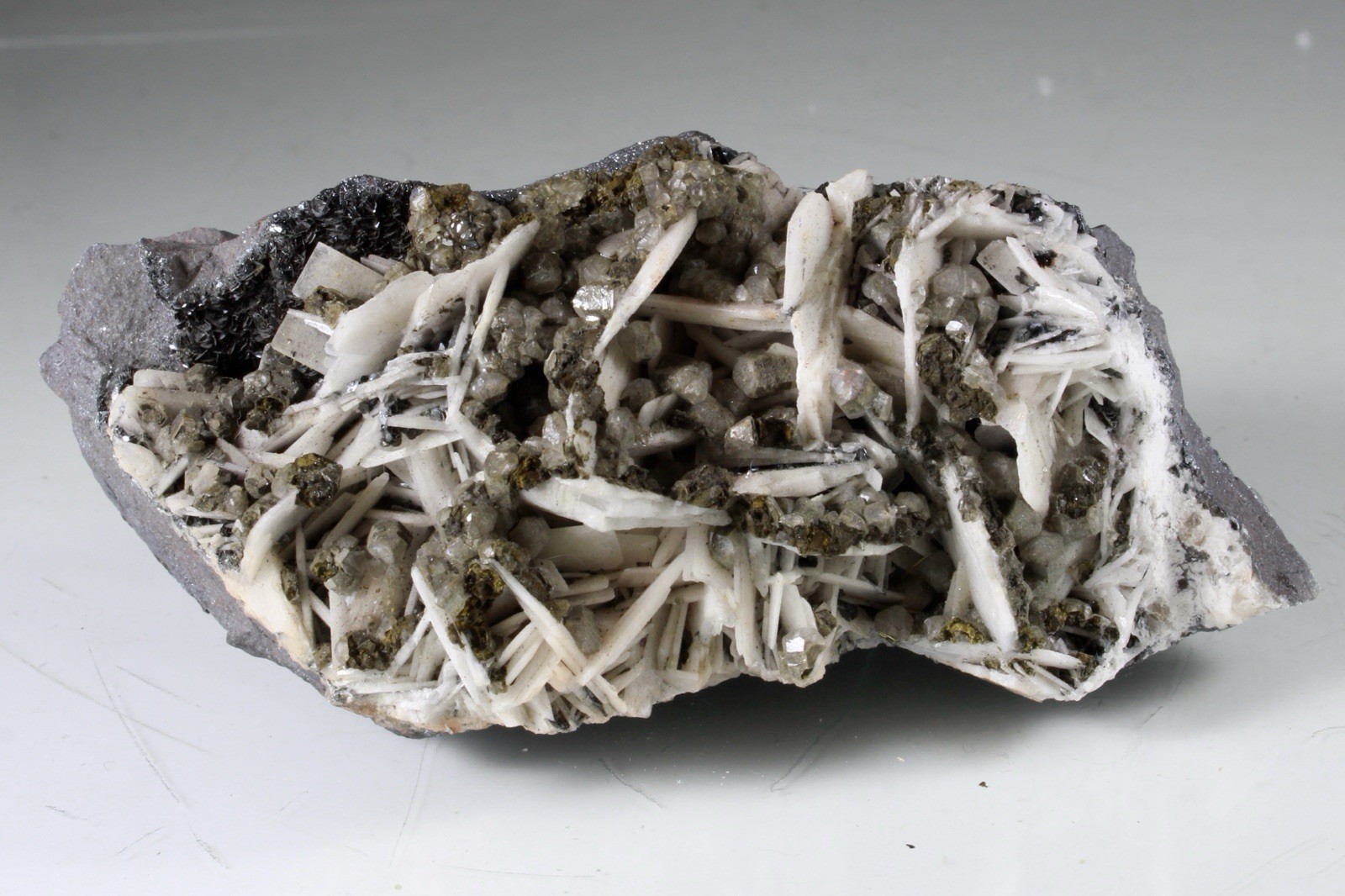 BARITE & CALCITE on SPECULAR HEMATITE - Frizington, Cumberland, England BARITE & CALCITE on SPECULAR HEMATITE - Frizington, Cumberland, England