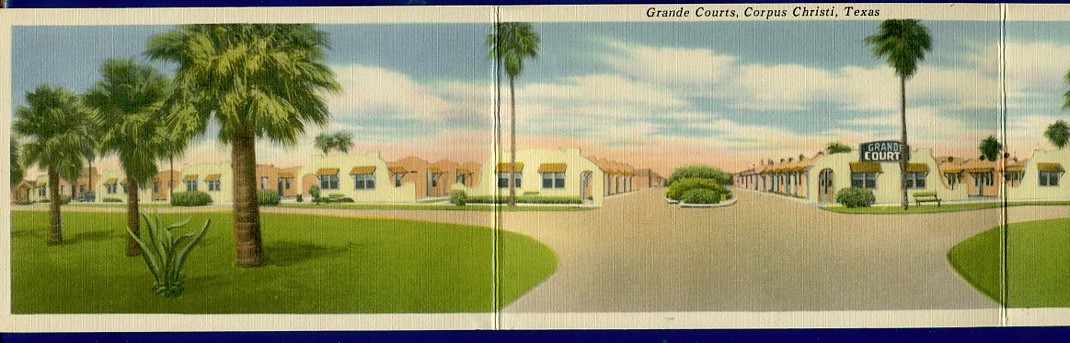 Corpus Christi Texas Grande Courts tri view foldout linen postcard Tichnor E506 Corpus Christi Texas Grande Courts tri view foldout linen postcard Tichnor E506
