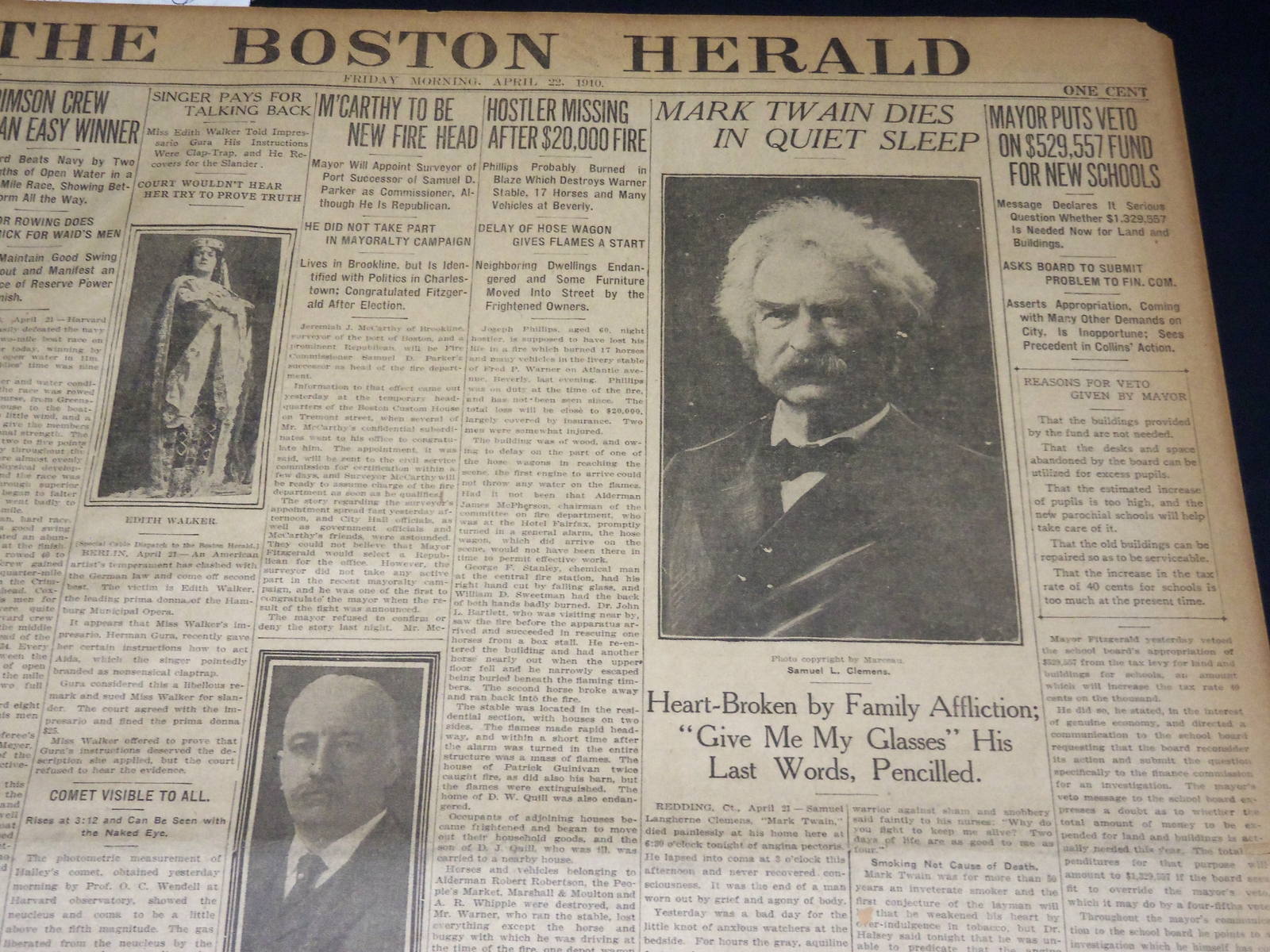 1910 APRIL 22 THE BOSTON HERALD - MARK TWAIN DIES IN QUIET SLEEP - BH 397 1910 APRIL 22 THE BOSTON HERALD - MARK TWAIN DIES IN QUIET SLEEP - BH 397