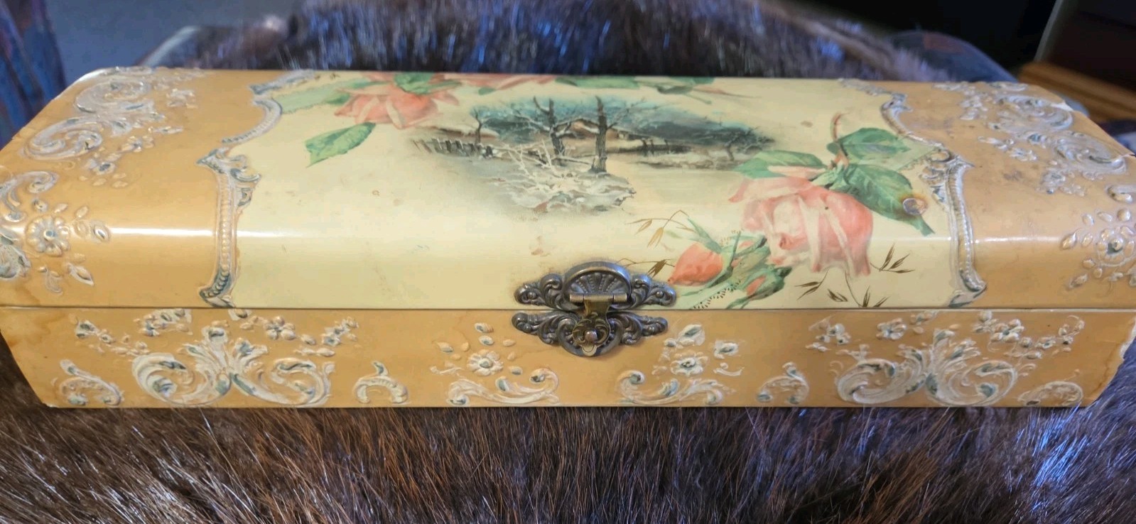 Antique Victorian Celluloid Glove Box Floral Lithograph Ornate 