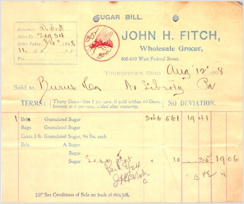 John H. Fitch Sugar Bill Sugar Trust Youngstown OH Liberty PA 1898 Busy Bee John H. Fitch Sugar Bill Sugar Trust Youngstown OH Liberty PA 1898 Busy Bee