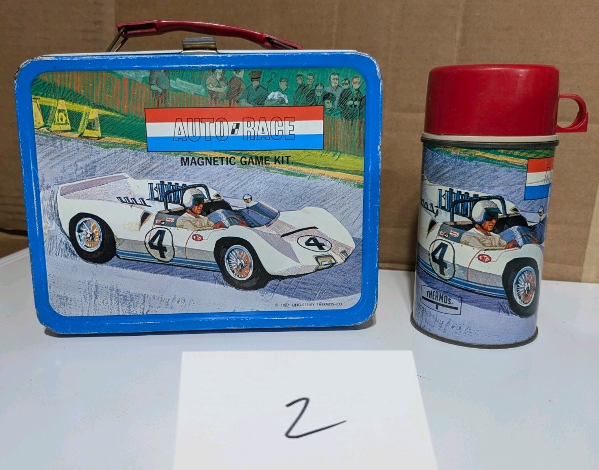 Vintage 1967 Auto Race Metal Lunchbox with Thermos King Seeley Racing Sports Car