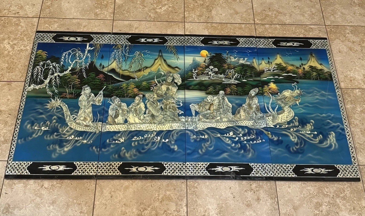 VTG Rare 4 Panel Vietnamese Mother of Pearl Inlay Lacquer Boat Dragon 62.5”x31” VTG Rare 4 Panel Vietnamese Mother of Pearl Inlay Lacquer Boat Dragon 62.5”x31”