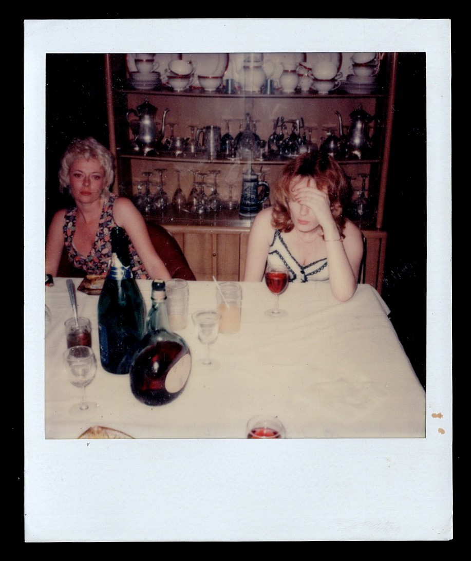 SAD WINE DRUNK WOMEN SIT SILENT at TABLE ~ 1980s POLAROID PHOTO