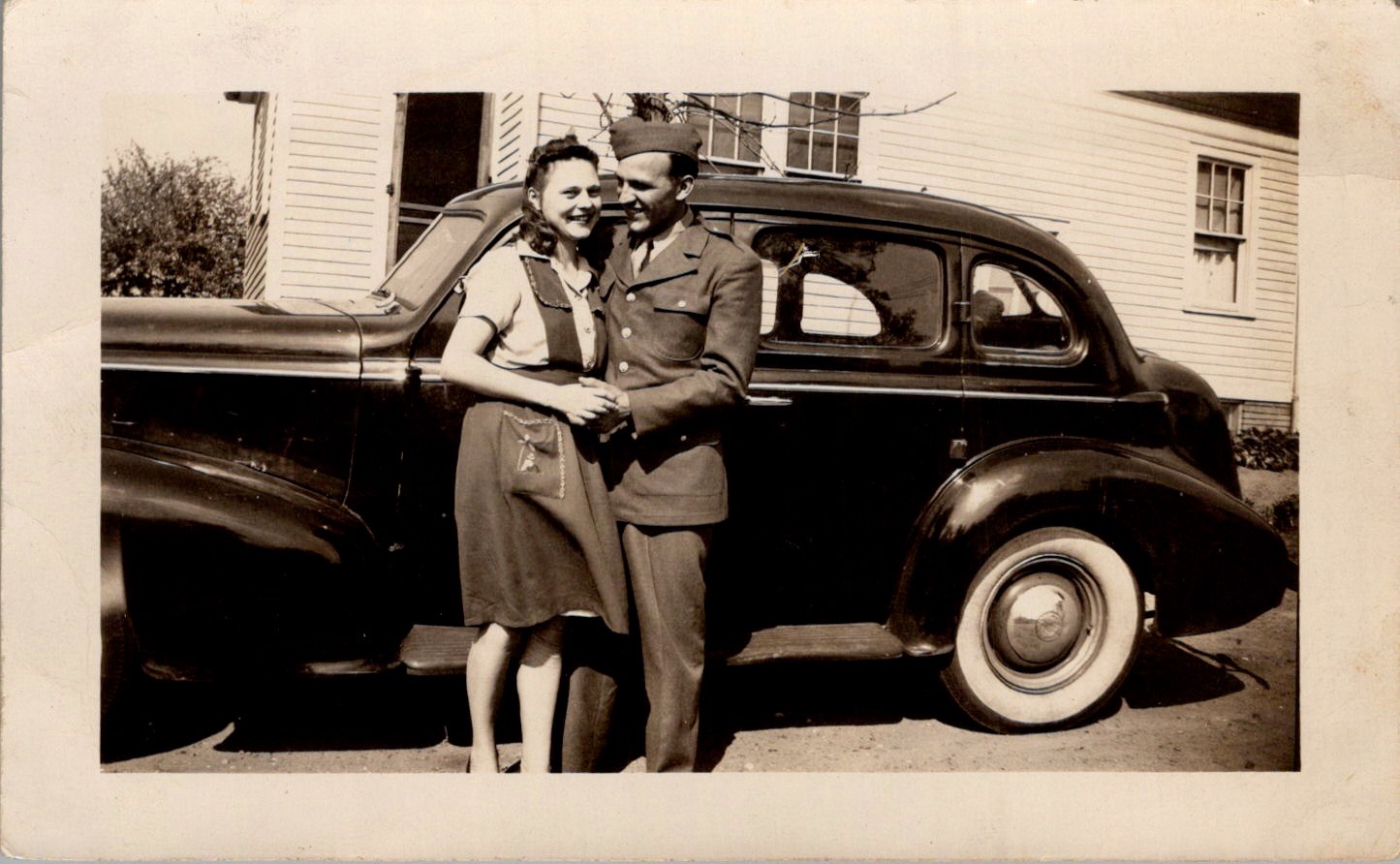 1940s WWII Soldier & Sweetheart by Sedan & House Photograph Homefront Army 1940s WWII Soldier & Sweetheart by Sedan & House Photograph Homefront Army