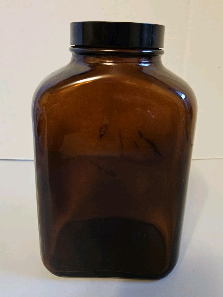 Vintage Brown Glass W/ Black Lid Medicine Bottle Apothecary 6\ Vintage Brown Glass W/ Black Lid Medicine Bottle Apothecary 6\
