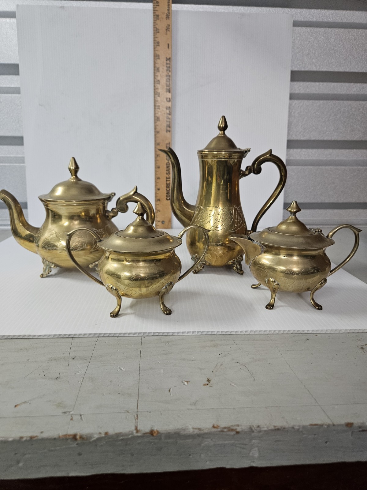 Vintage Hand Etched Brass Coffee and Tea Pot-Creamer and Sugar Pots India