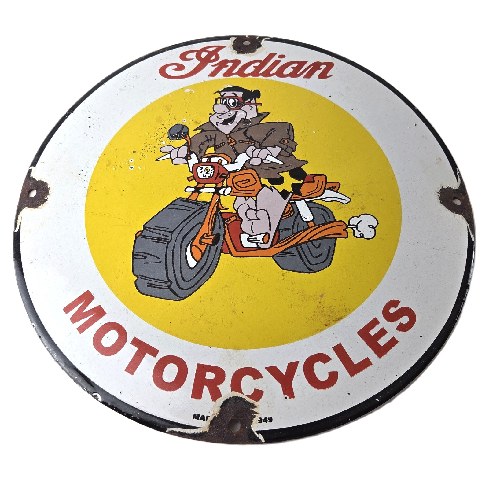 Vintage Indian Motorcycles Sign -Flintstones Bike Sign - Gas Pump Porcelain Sign Vintage Indian Motorcycles Sign -Flintstones Bike Sign - Gas Pump Porcelain Sign