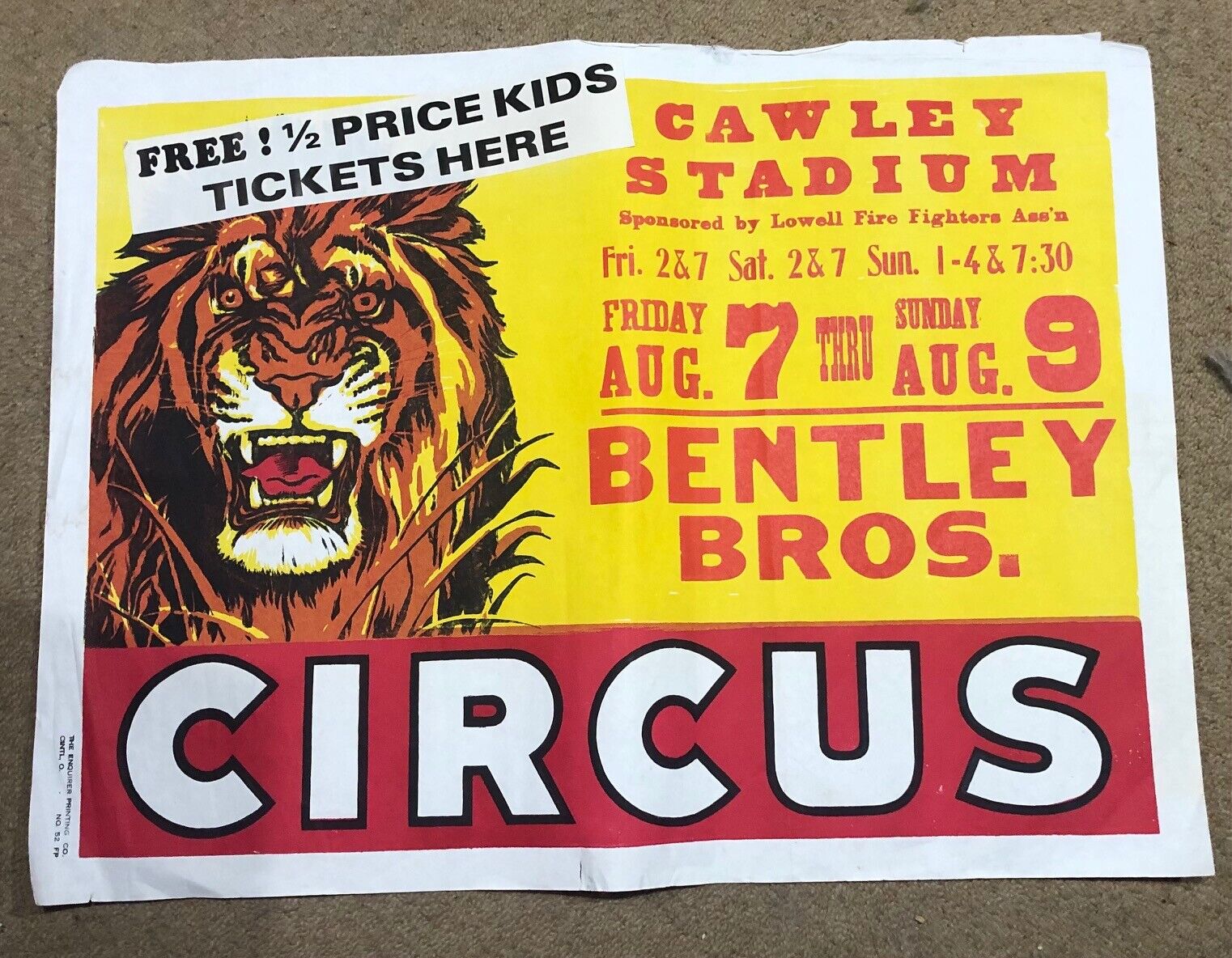 1952 Bentley Bros. Circus Tiger Cawley Stadium Massachusetts Silk Screen Poster