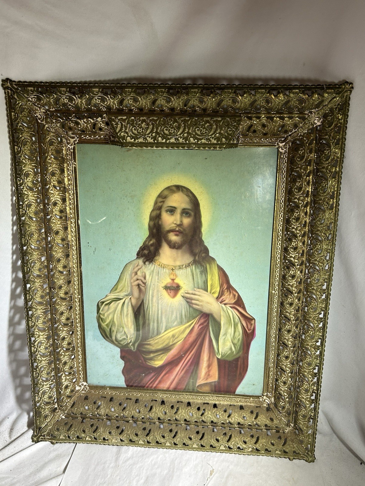 Vintage Sacred Heart of Jesus Print in Ornate Frame Religious 21 1/2\ Vintage Sacred Heart of Jesus Print in Ornate Frame Religious 21 1/2\