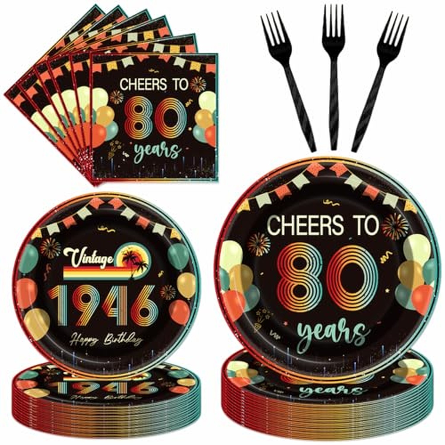 96Pcs Vintage 80th Birthday Decorations Tableware Set Back in 1946 Paper Plat...