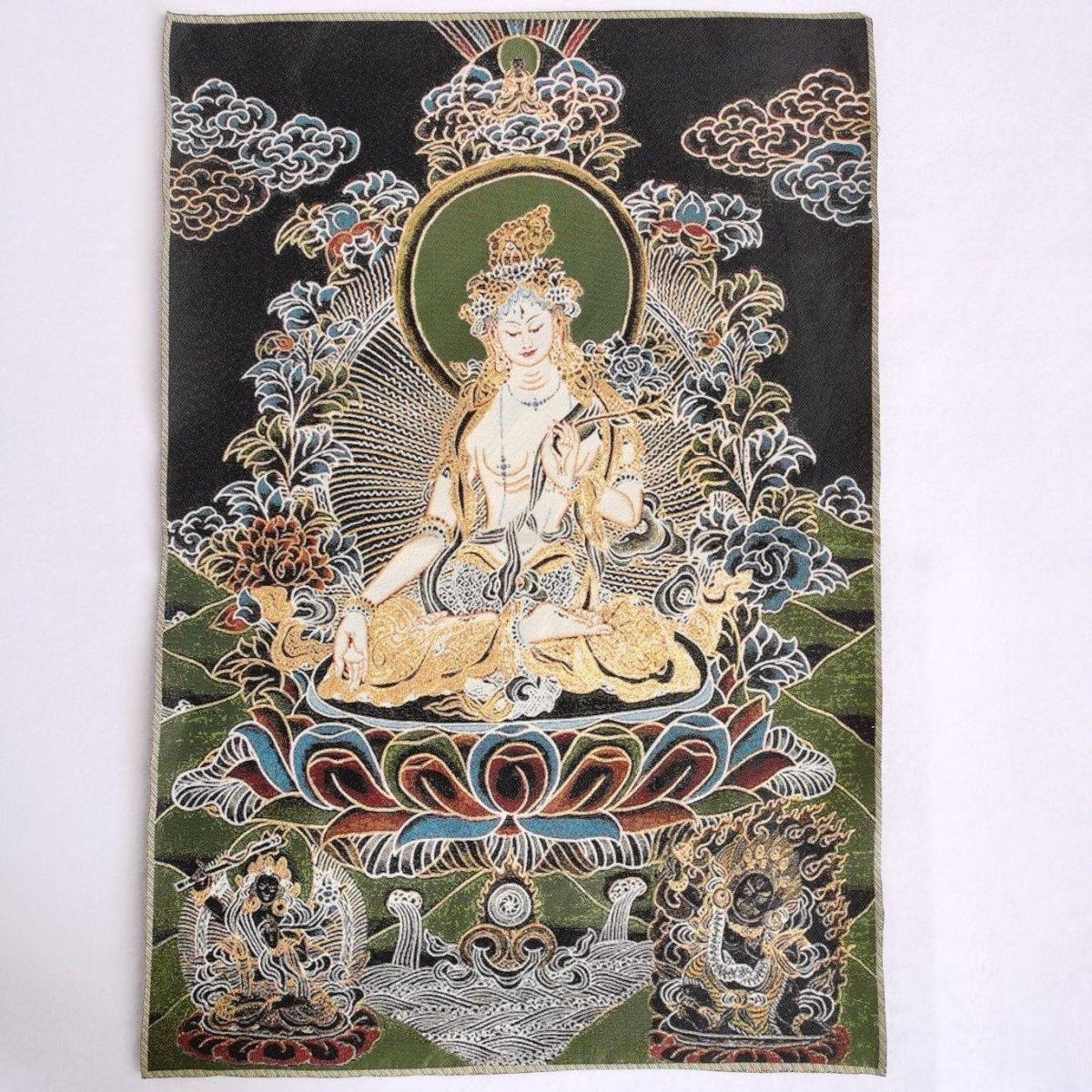 Tibetan Thangka Embroidered Tapestry White Tara Wall Art Black Gold 90x60cm Tibetan Thangka Embroidered Tapestry White Tara Wall Art Black Gold 90x60cm