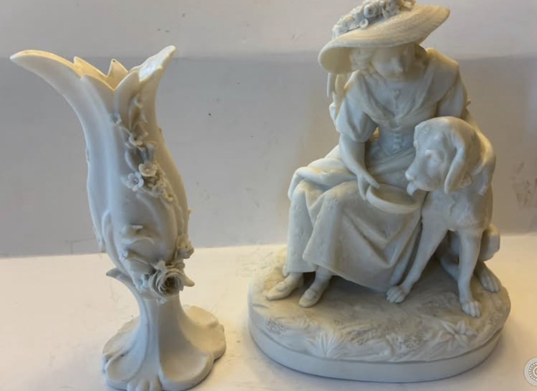 Collectors SamAlcock Parian Porcelain Victorian Lady Bloodhound &vase C1800s 19c