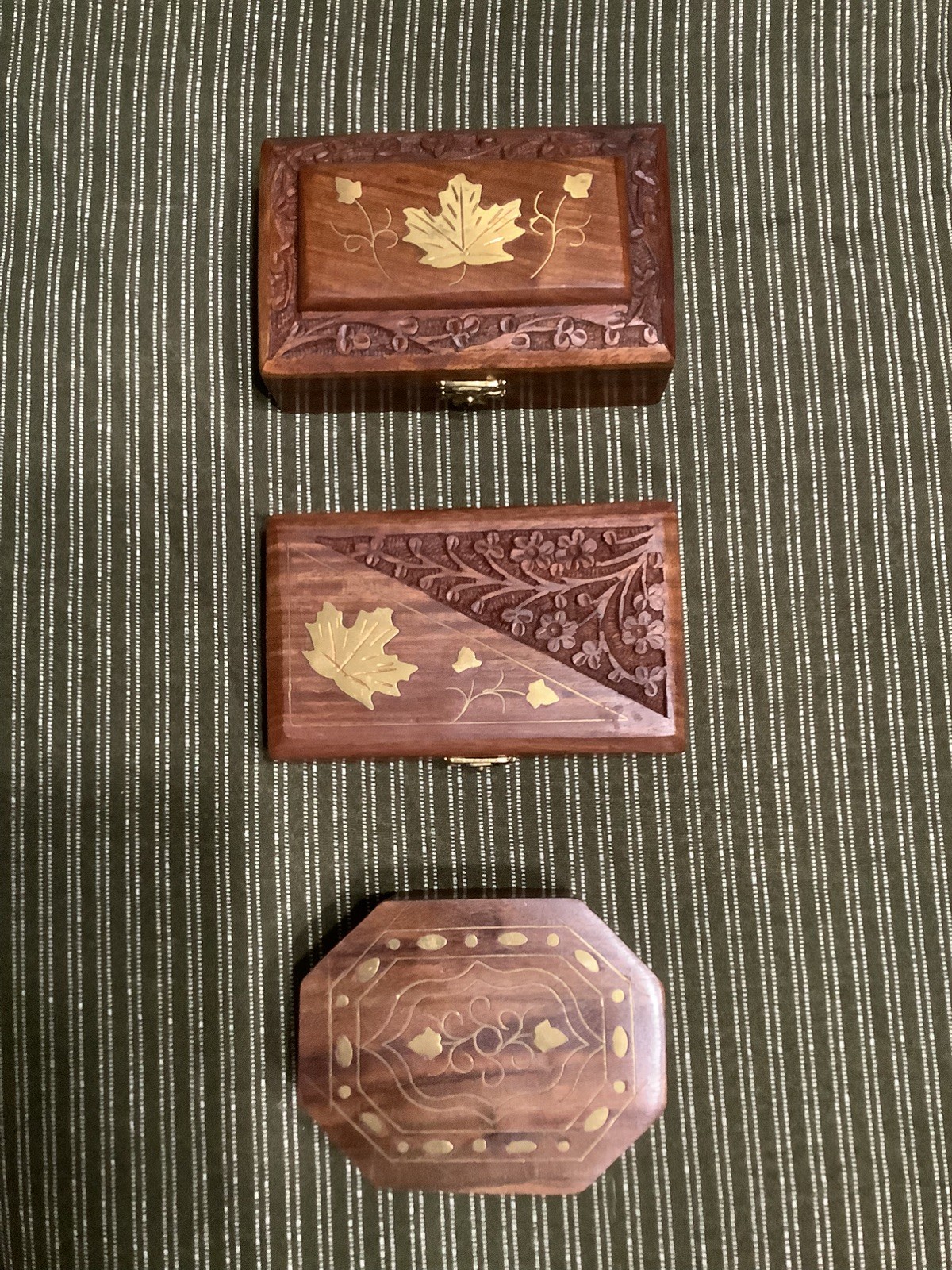 Three Vintage Hand Carved Wood Jewelry / Trinket Storage Boxes with brass inlay