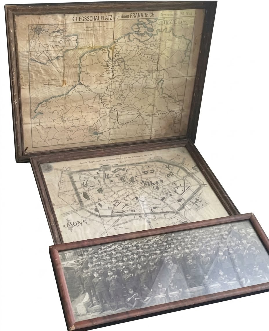 Original WWI German Front Map 1918 & Mons Battle City Plan & Mons Soldiers Photo