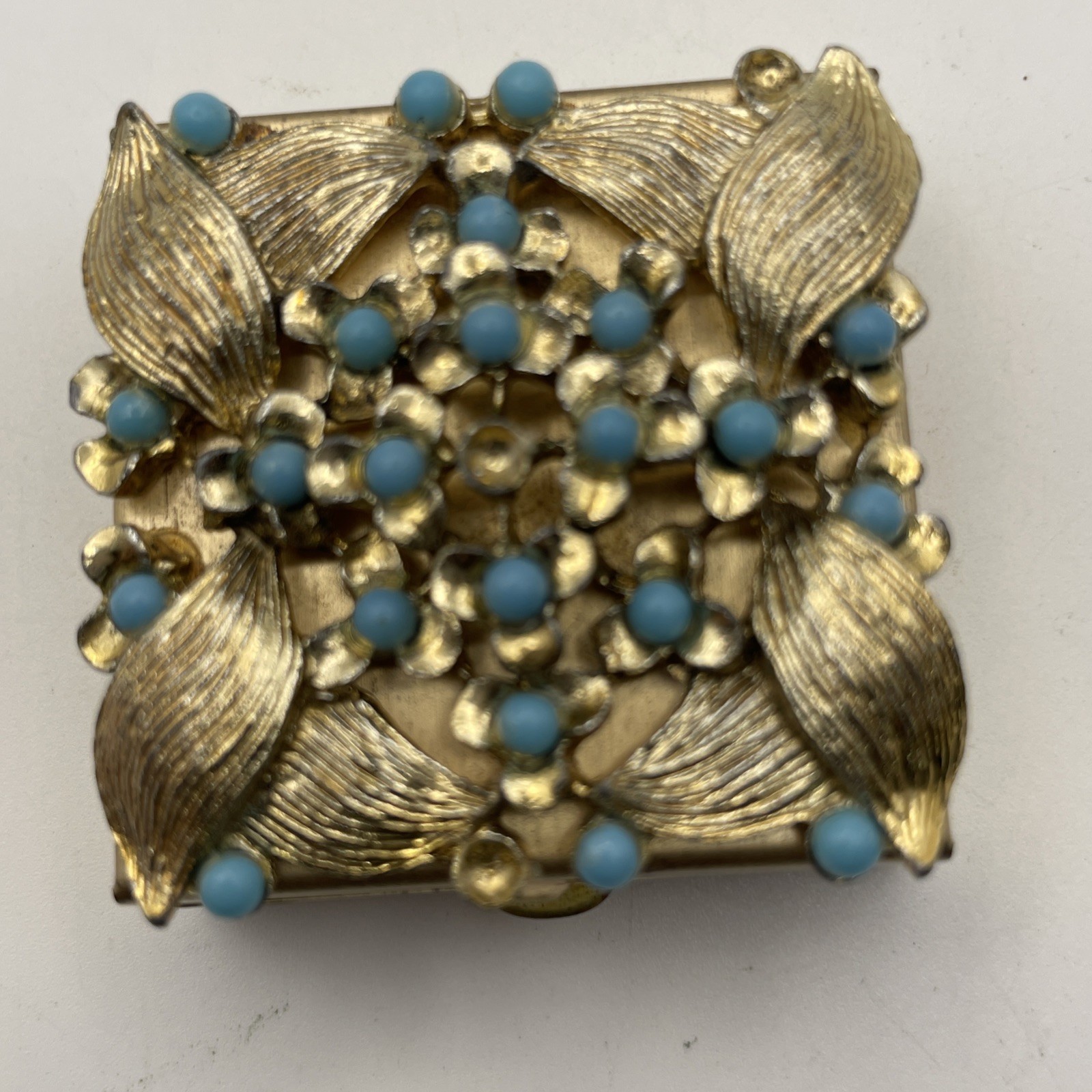 Vintage 1950s Jeweled Ormolu Pill Box Faux Turquoise Flower Filigree Vanity Case Vintage 1950s Jeweled Ormolu Pill Box Faux Turquoise Flower Filigree Vanity Case