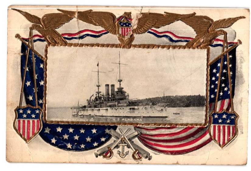 Vintage 1908 USS Alabama Battleship Patriotic Flag Embossed Postcard Used Vintage 1908 USS Alabama Battleship Patriotic Flag Embossed Postcard Used