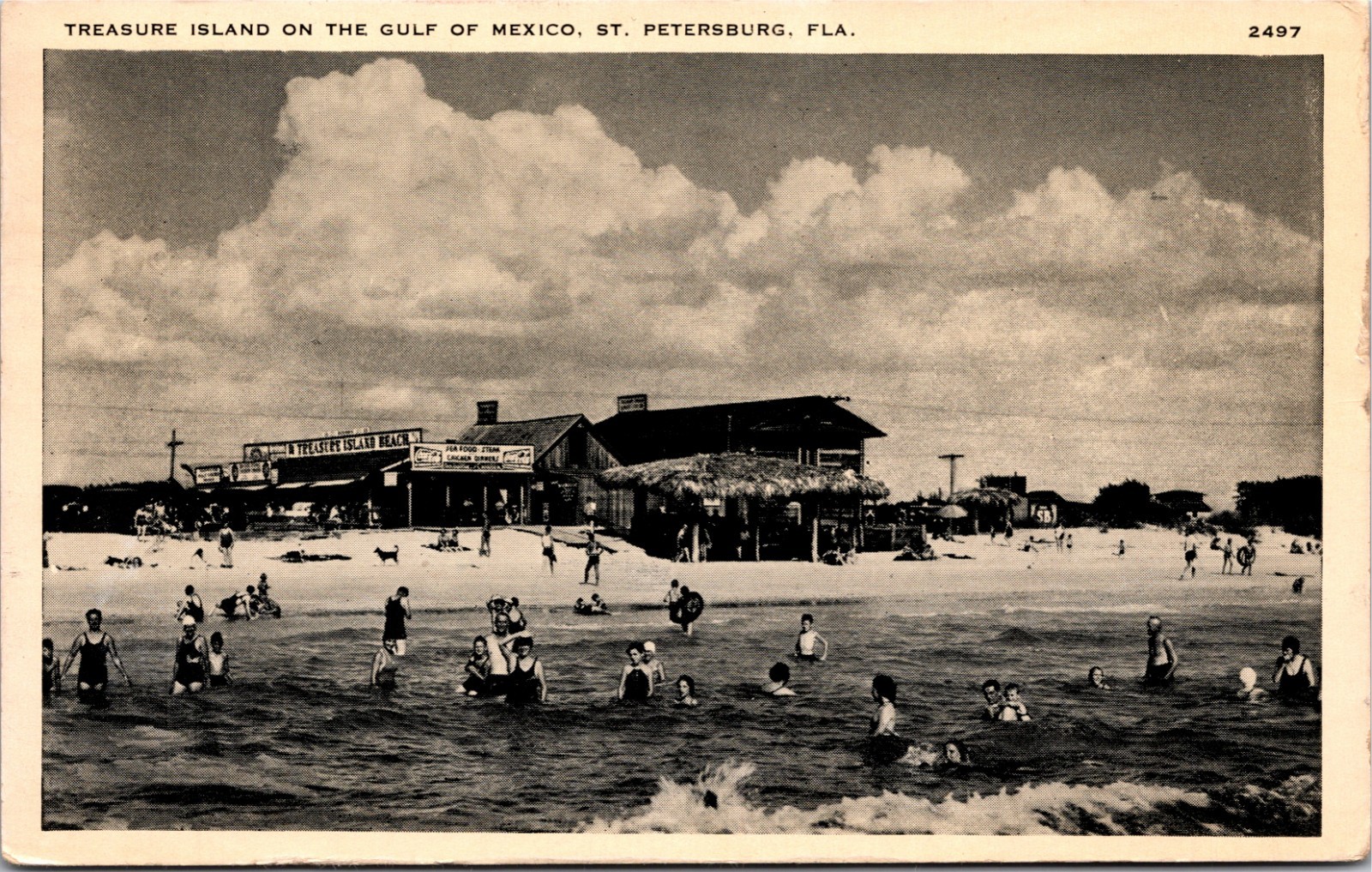 Vintage St Petersburg Fl. Postcard 1938 Treasure Island Swimmers along Beach