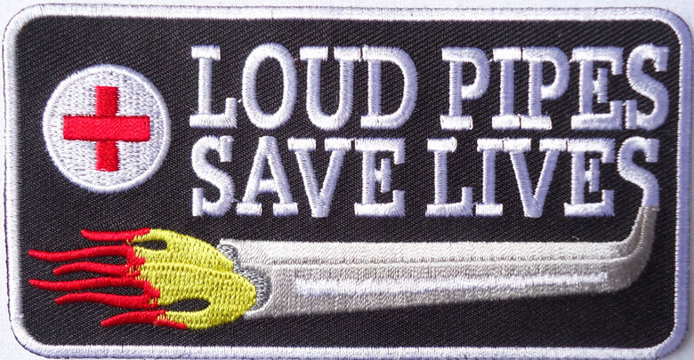LOUD PIPES SAVE LIVES FLAMES EMROIDERED IRON ON 4 x 2  PATCH 