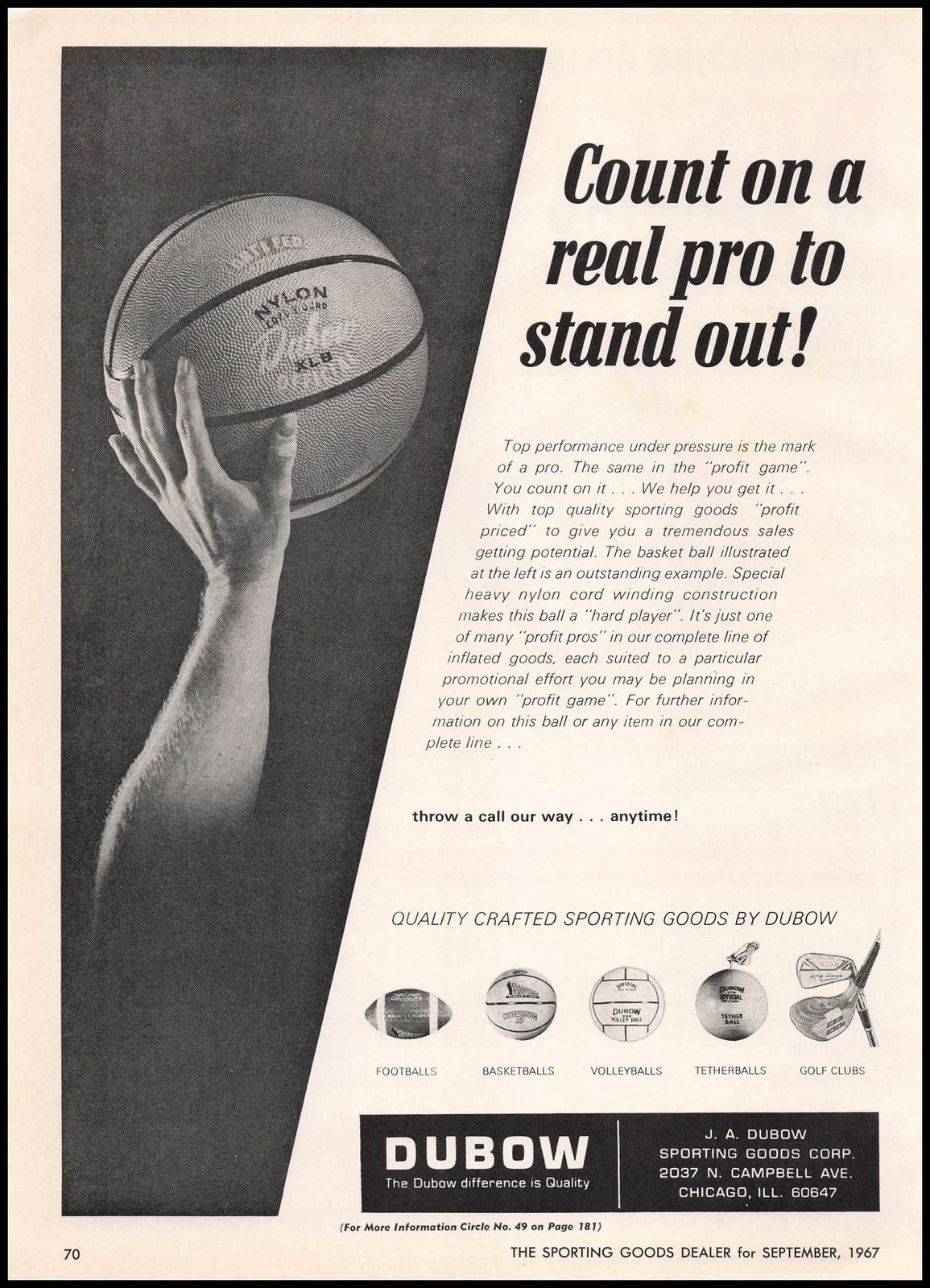 1967 J. A. Dubow Sporting Goods Corp. Chicago Photo Basketball Vintage Print Ad 1967 J. A. Dubow Sporting Goods Corp. Chicago Photo Basketball Vintage Print Ad