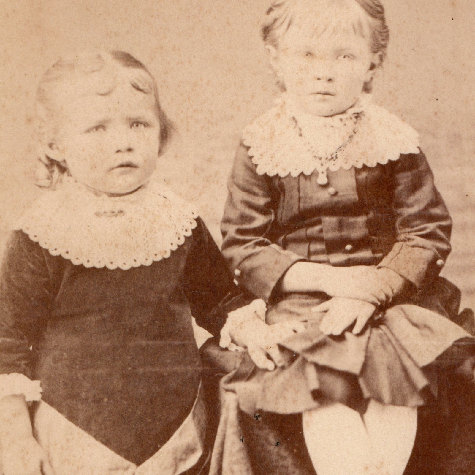 c1880s Cabinet Card Photo Two Children Lace Collars Pleated Skirts Button Boots c1880s Cabinet Card Photo Two Children Lace Collars Pleated Skirts Button Boots