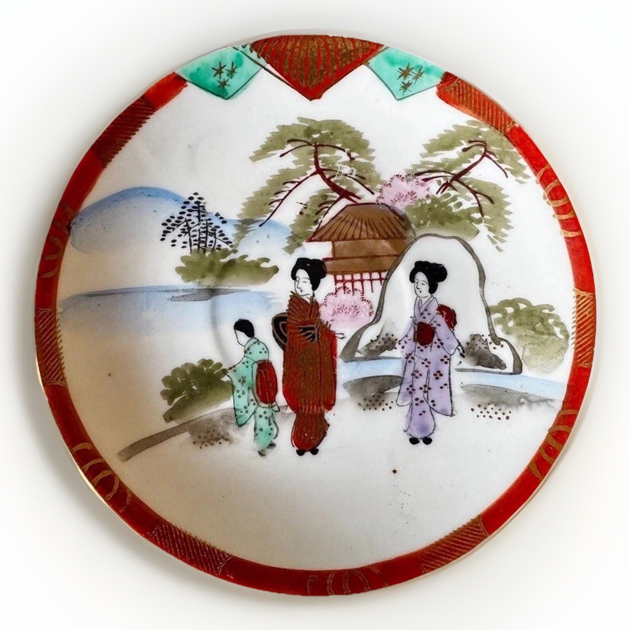 Vintage Japanese Porcelain Plate Hand Painted Gold Gilt Geisha Garden Decorative