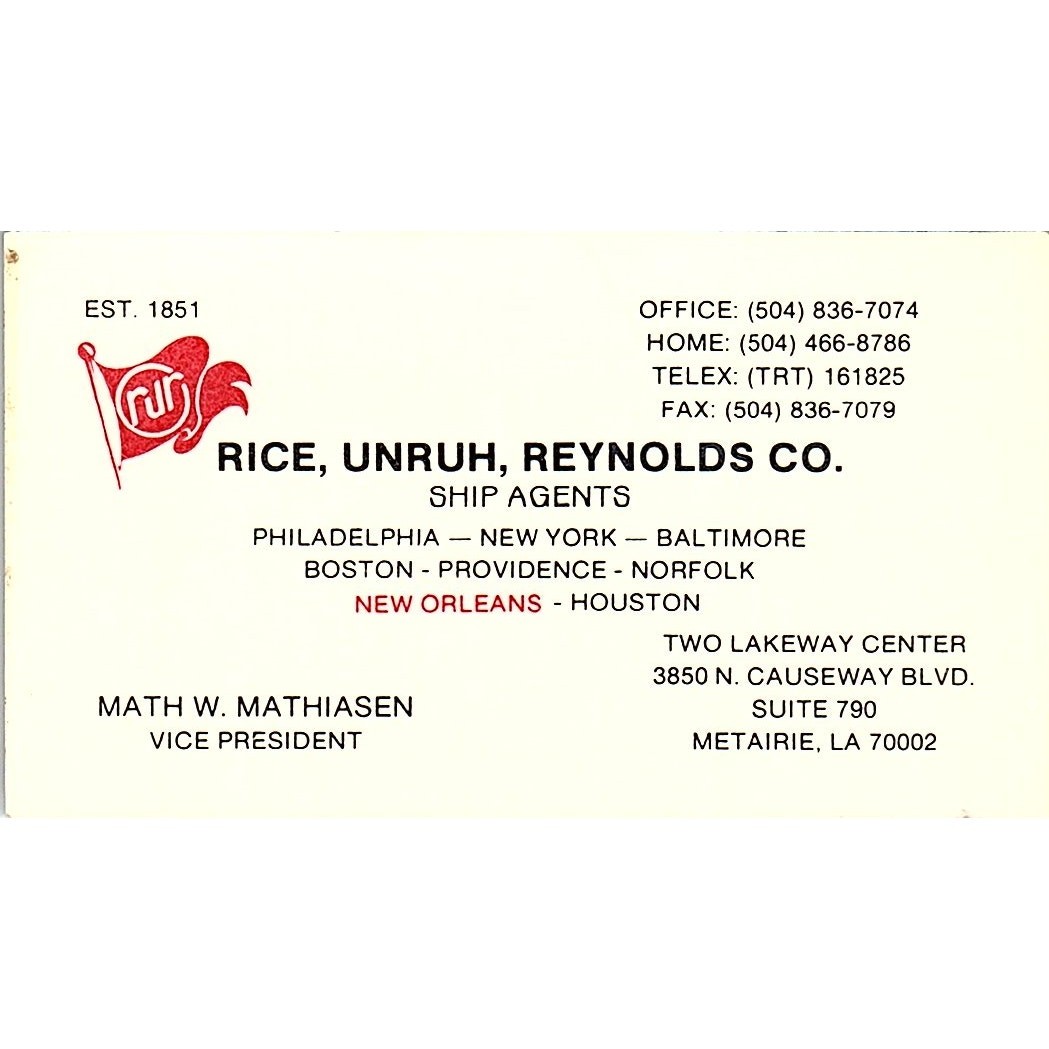 Math W Mathiasen Rice, Unruh, Reynolds & Co Metairie LA Vtg Business Card SD9-B9 Math W Mathiasen Rice, Unruh, Reynolds & Co Metairie LA Vtg Business Card SD9-B9
