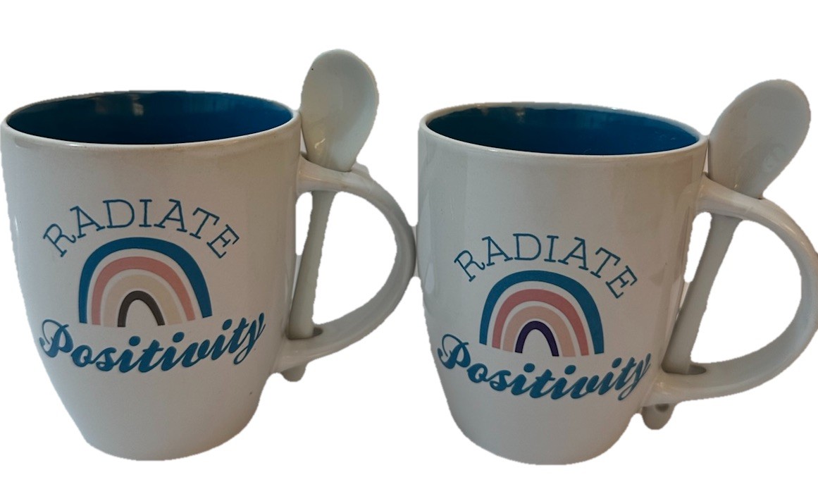 Radiate Positivity Rainbow Ceramic Cups Mugs & Spoons Set Of 2 NEW Radiate Positivity Rainbow Ceramic Cups Mugs & Spoons Set Of 2 NEW