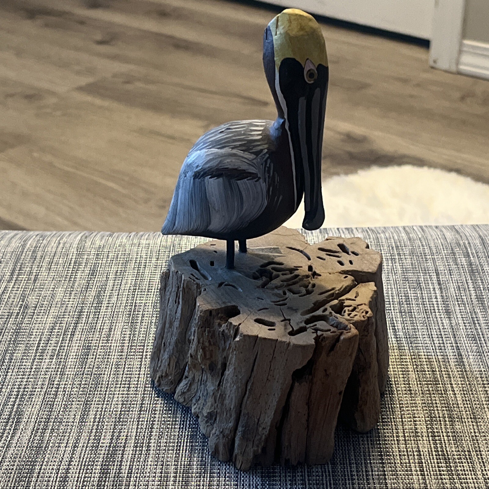 Vintage Hand Carved Painted Wood Pelican on Driftwood Figurine Bird Folk Art Vintage Hand Carved Painted Wood Pelican on Driftwood Figurine Bird Folk Art
