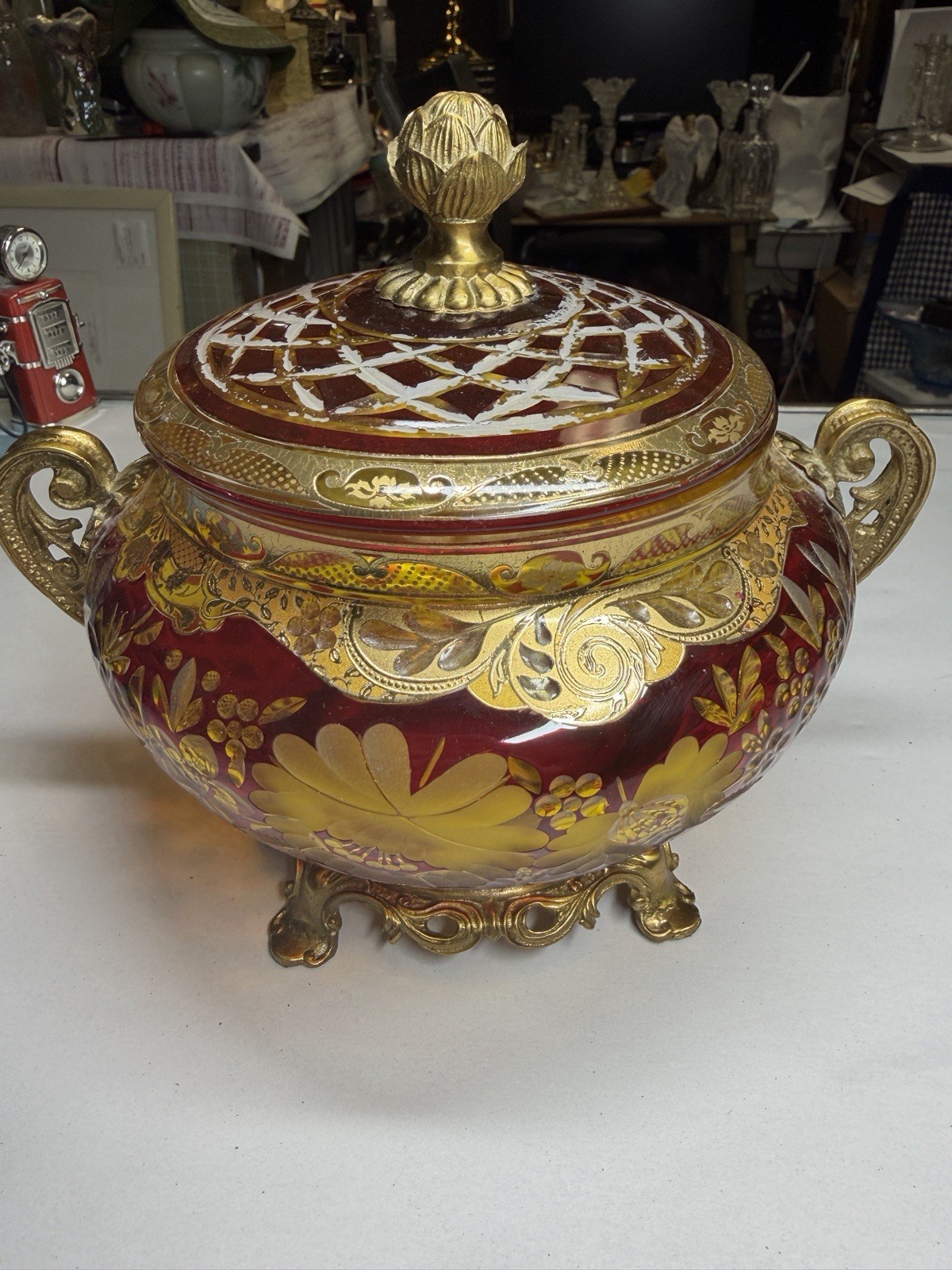 Antique Candy Box Ruby Red Glass Ormolu Bronze French Empire Style Lidded Antique Candy Box Ruby Red Glass Ormolu Bronze French Empire Style Lidded