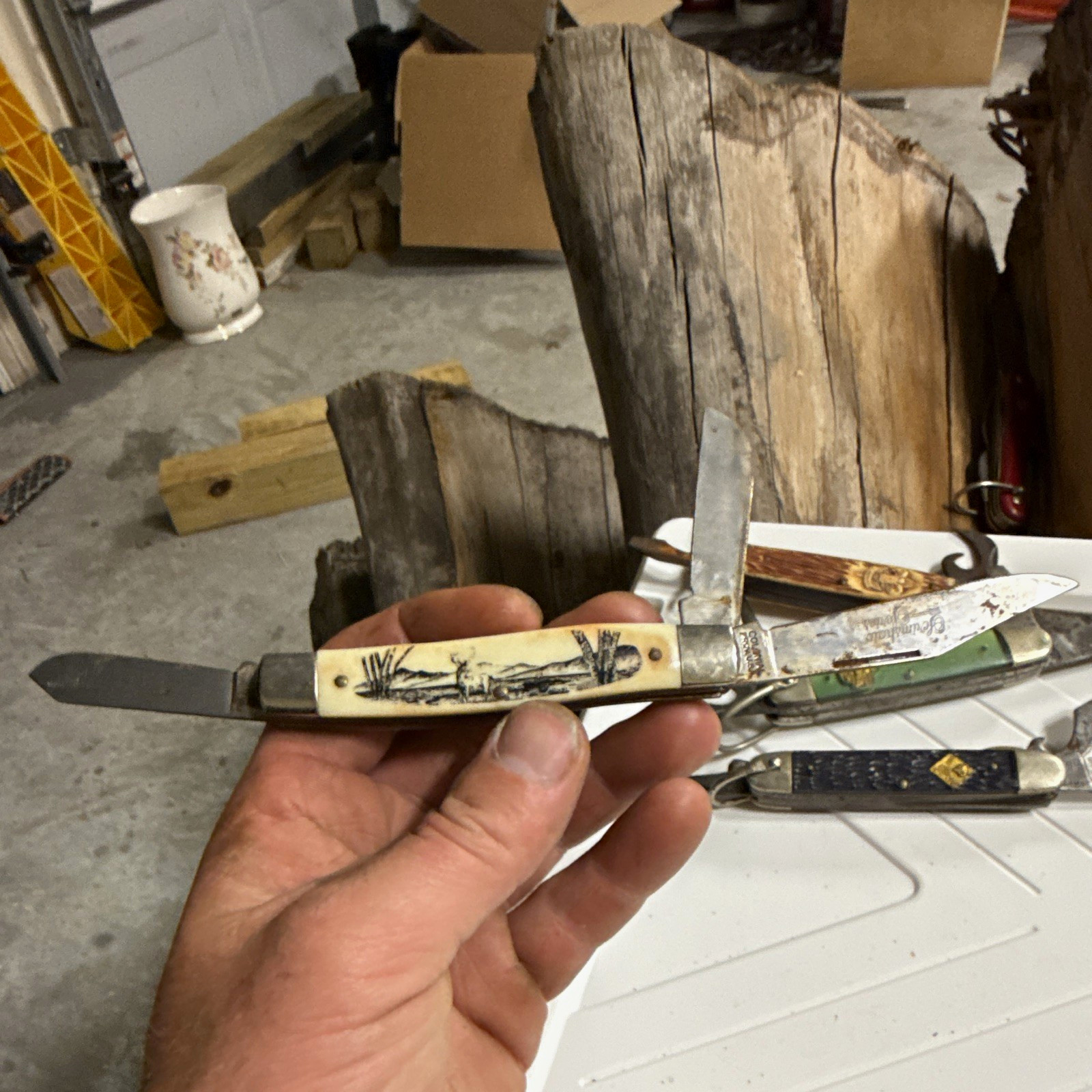 Vintage Colonial Prov USA Scrimshaw Series Pocket Knife Wildlife Handle